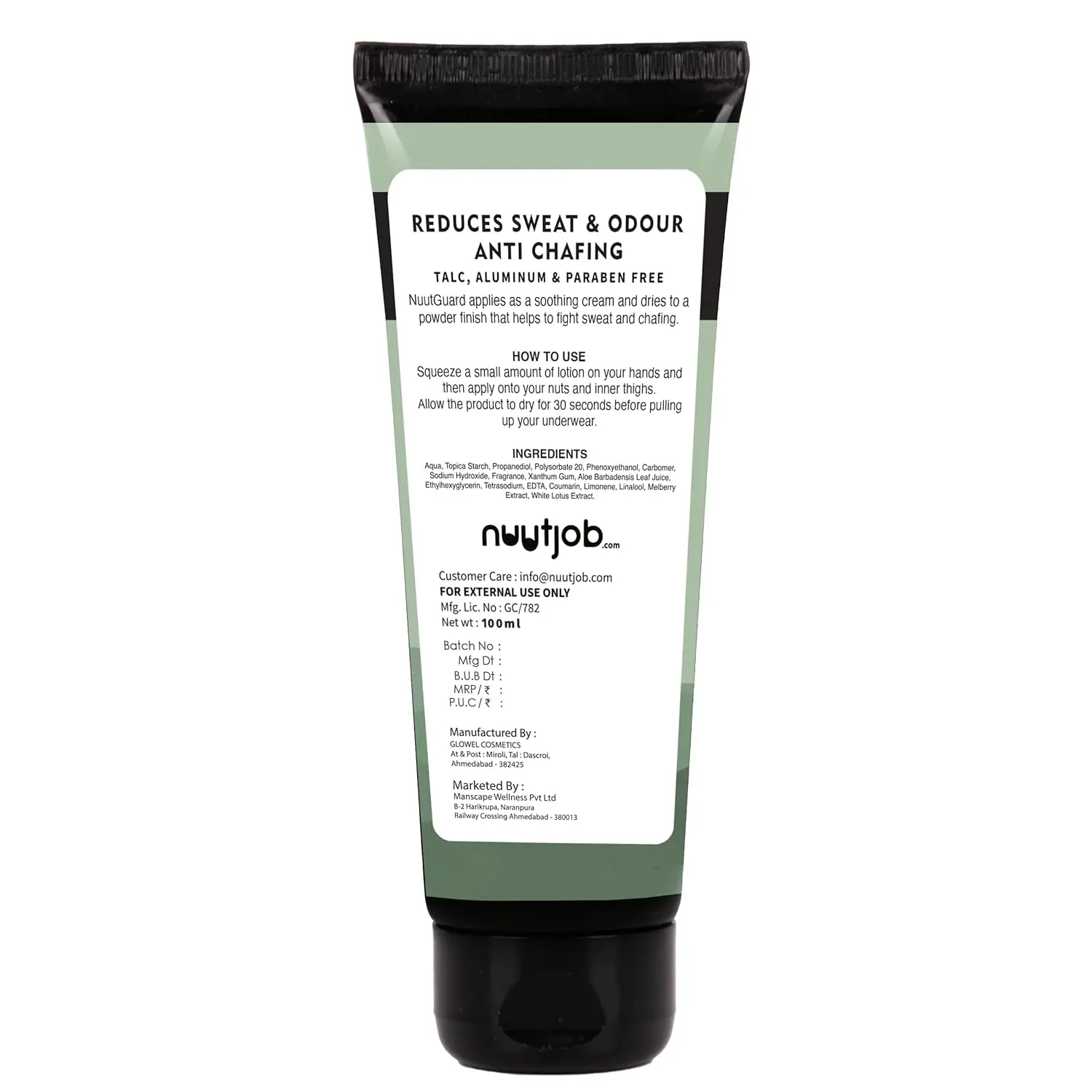 Nuut Guard liquid powder applies as a lotion and dries as a cooling powder to prevent wetness and keep men dry and fresh all day, with a talc, aluminum, and paraben-free formula.