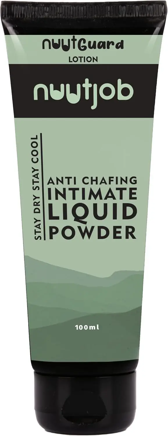 Nuut Guard liquid powder applies as a lotion and dries as a cooling powder to prevent wetness and keep men dry and fresh all day, with a talc, aluminum, and paraben-free formula.