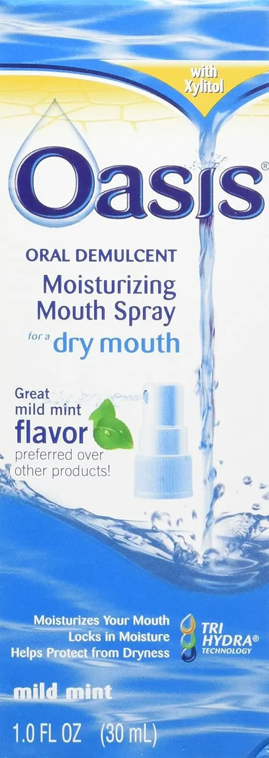 Six pack of Oasis dry mouth spray providing soothing relief with a mild mint flavor for moisturizing and freshening breath on-the-go.