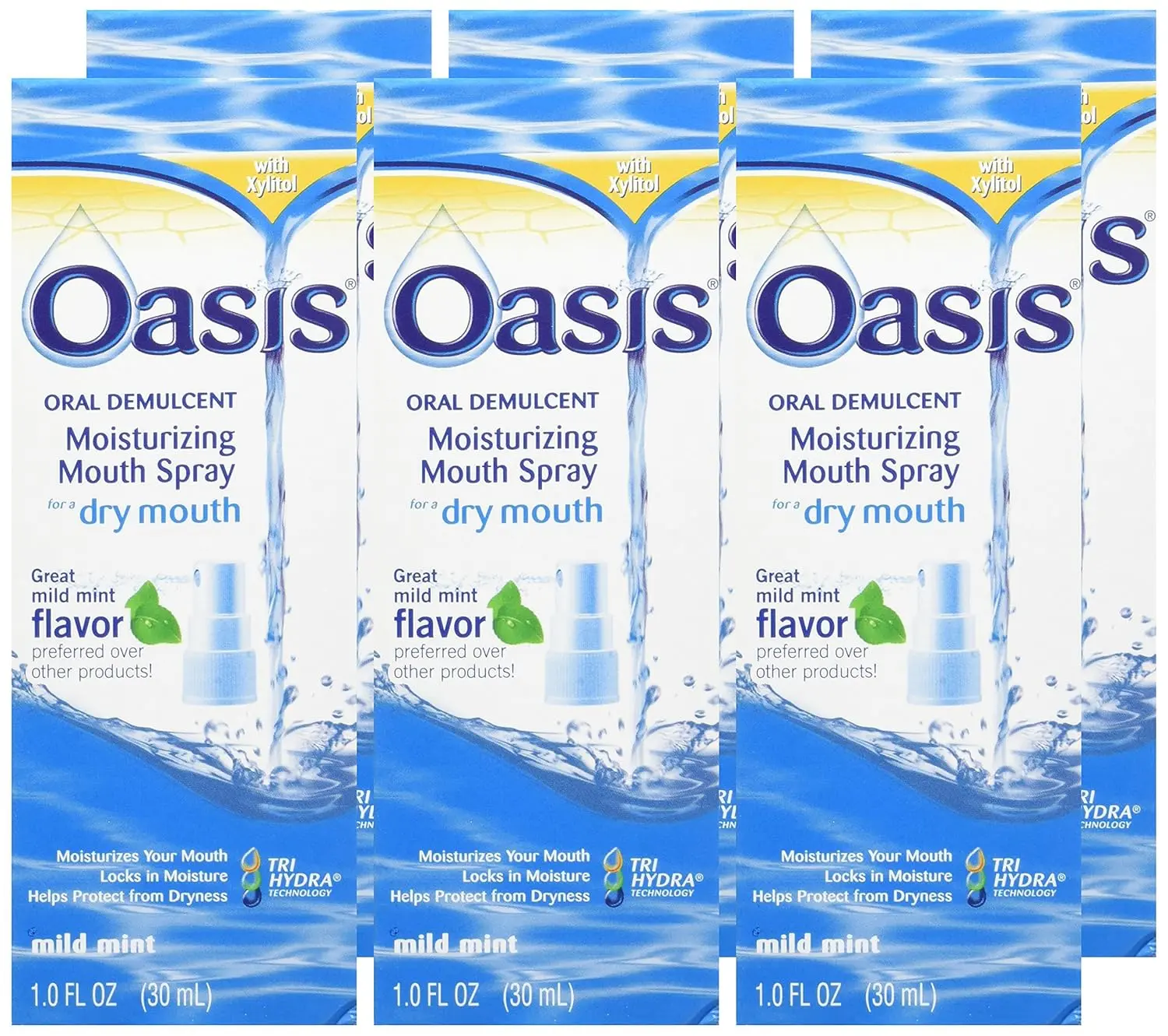 Six pack of Oasis dry mouth spray providing soothing relief with a mild mint flavor for moisturizing and freshening breath on-the-go.