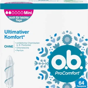 Box of 64 o.b. ProComfort mini tampons with SilkTouch surface and Dynamic Fit technology for comfortable and reliable protection during light to medium flow days.