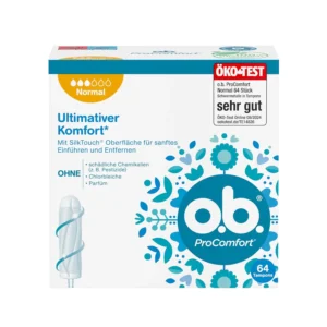 This is a box of 64 o.b. ProComfort Normal tampons designed for reliable protection during medium to stronger flow days with a SilkTouch cover for ultimate comfort and easy insertion.