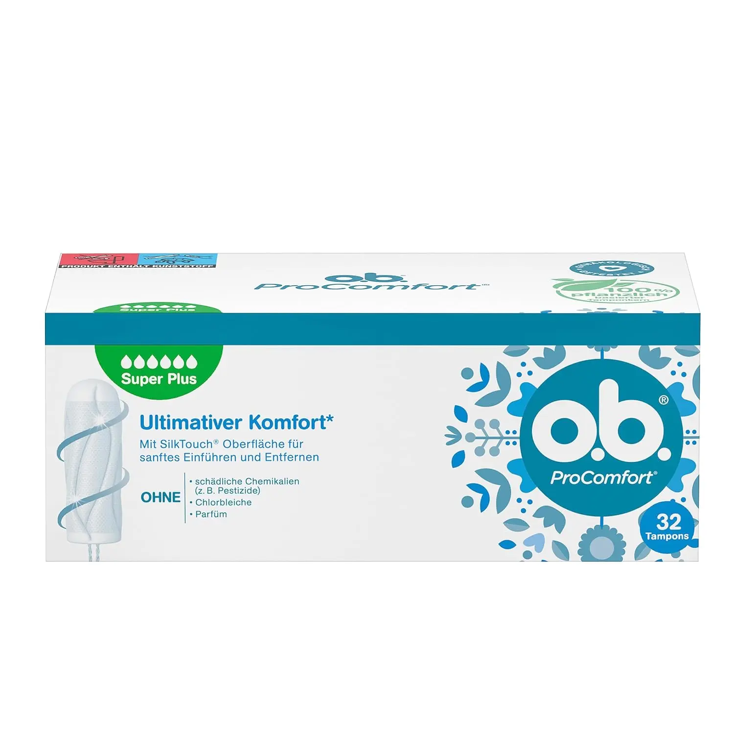 Box of 32 o.b. ProComfort Super Plus tampons offering ultimate comfort and reliable protection for very heavy flow days, featuring a plant-based core and SilkTouch surface.