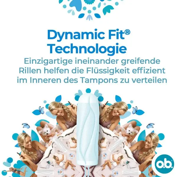 Box of 32 o.b. ProComfort Super Plus tampons offering ultimate comfort and reliable protection for very heavy flow days, featuring a plant-based core and SilkTouch surface.