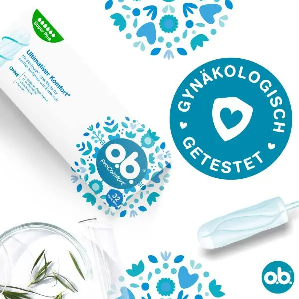 Box of 32 o.b. ProComfort Super Plus tampons offering ultimate comfort and reliable protection for very heavy flow days, featuring a plant-based core and SilkTouch surface.