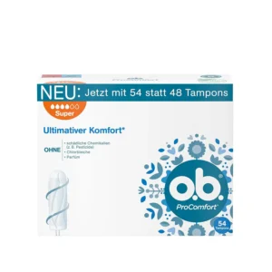 o.b. ProComfort super tampons with a Silktouch surface for gentle insertion and removal, featuring interlocking grooves for efficient liquid distribution and a 100% plant-based, chemical-free core.