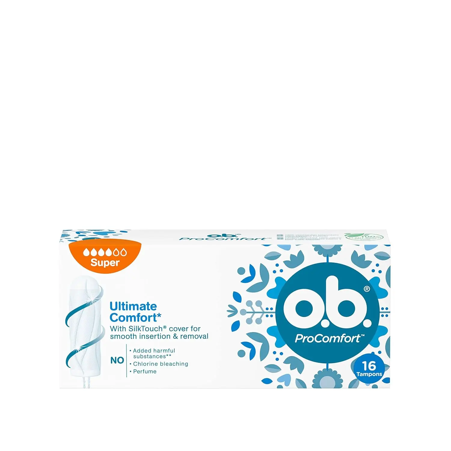 Sixteen OB ProComfort Super tampons with interlocked grooves for leak protection, designed for comfortable insertion and removal, and ideal for moderate flow.