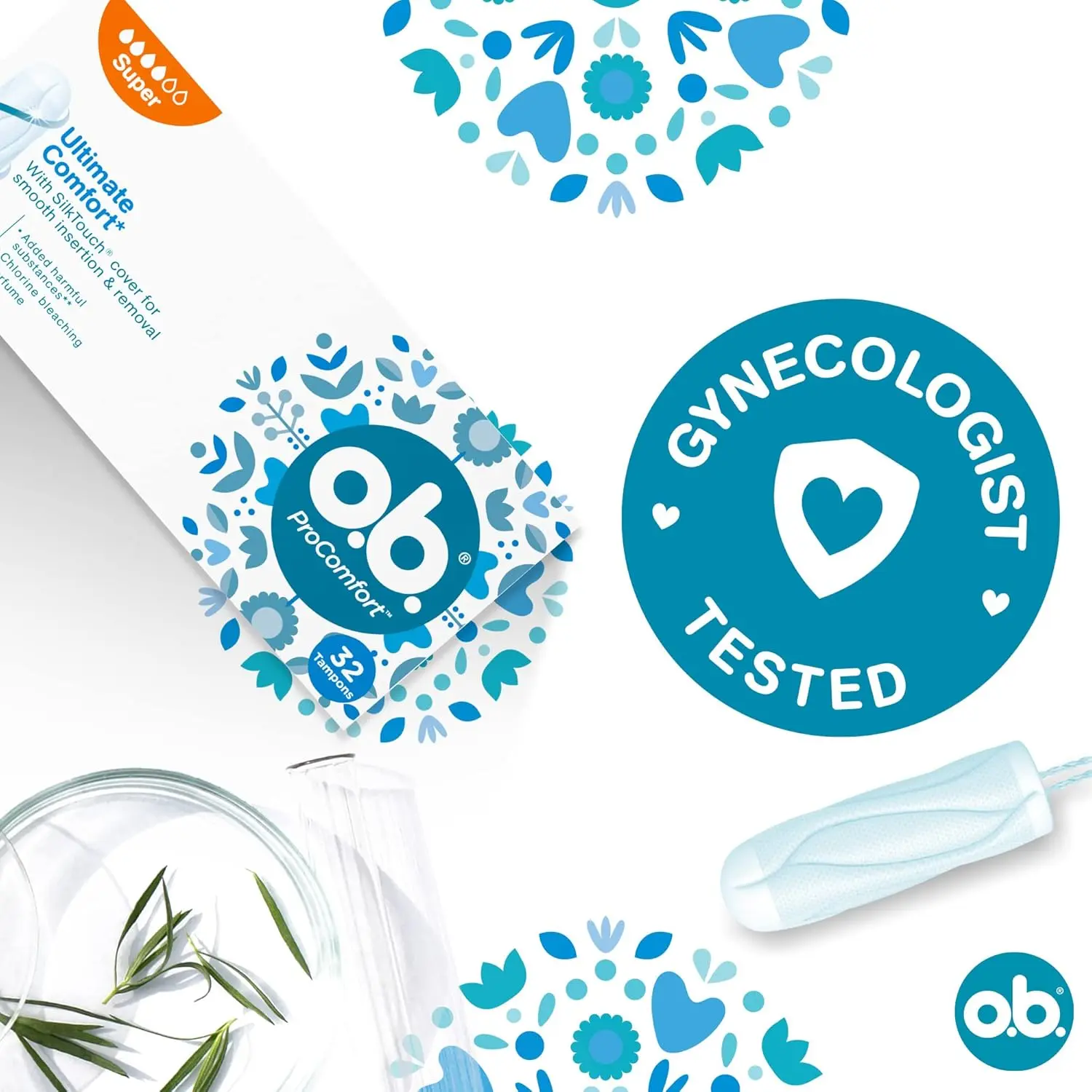 Sixteen OB ProComfort Super tampons with interlocked grooves for leak protection, designed for comfortable insertion and removal, and ideal for moderate flow.