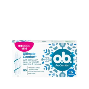 A box of OB ProComfort Mini tampons, 16 count, ideal for first-time users or those with light flow, offering reliable leak protection and comfortable use thanks to SilkTouch technology.