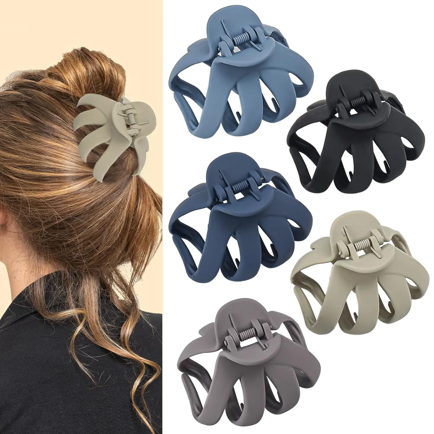 A set of five octopus-shaped hair claw clips in various colors, designed for securely holding thick and curly hair.