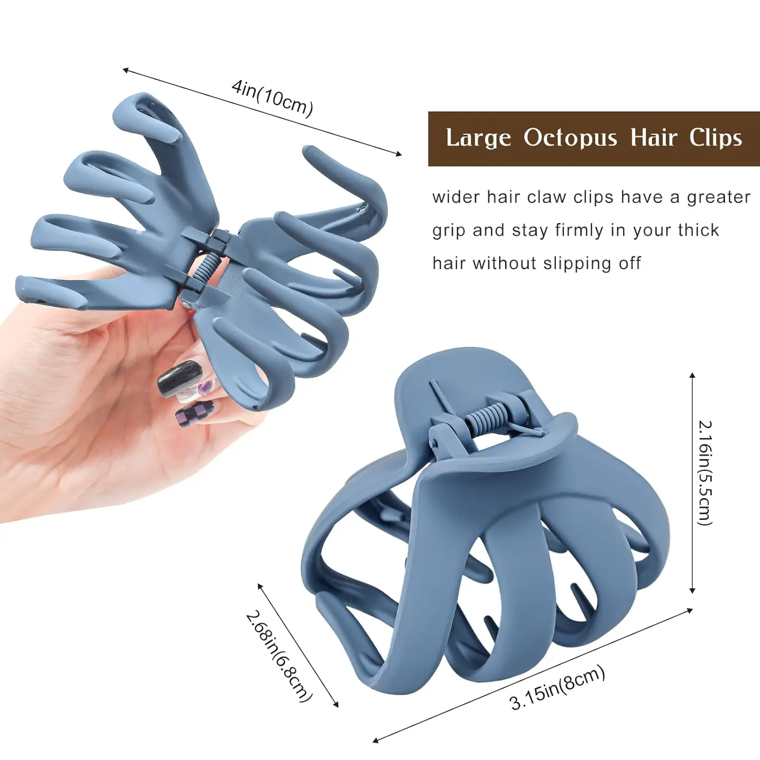 A set of five octopus-shaped hair claw clips in various colors, designed for securely holding thick and curly hair.