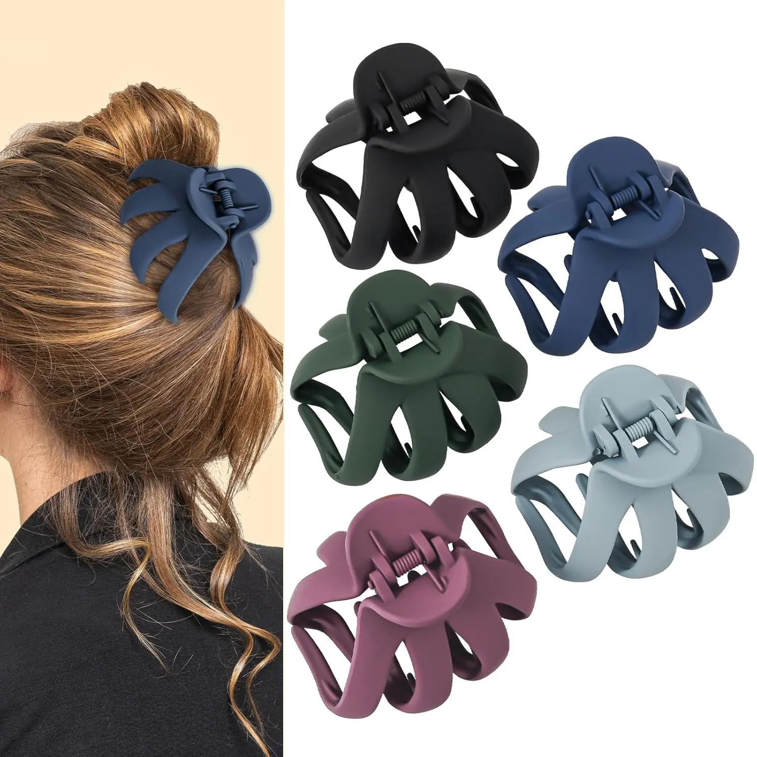 A set of five octopus-shaped hair claw clips in various colors, designed for securely holding thick and curly hair.