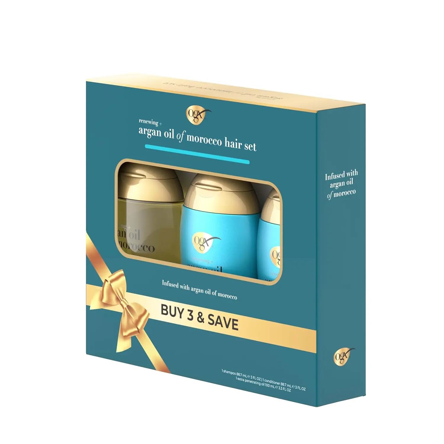 OGX Argan Oil of Morocco hair care set with travel size shampoo, conditioner, and hair oil treatment to revive damaged and dry hair.