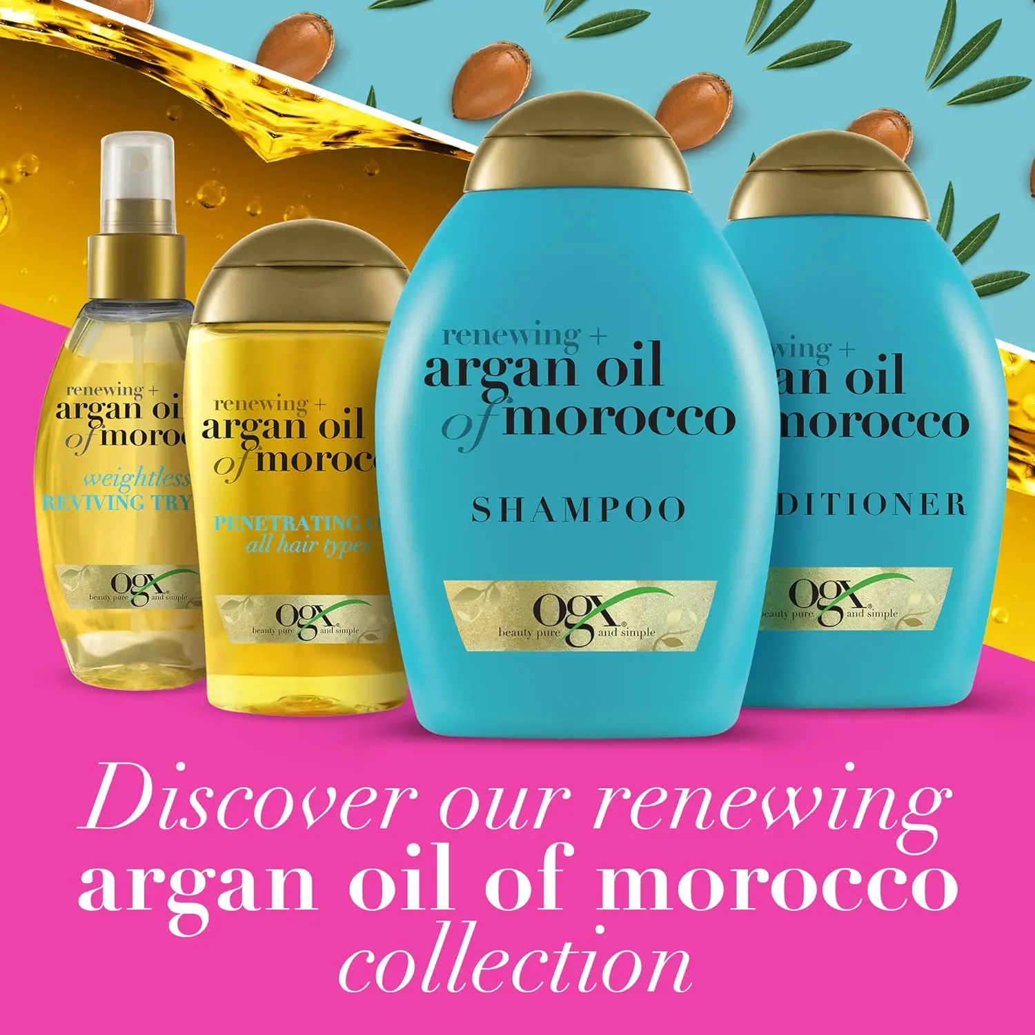 OGX Renewing+ Argan Oil of Morocco hair treatment restores shine, softness, and strength to all hair types.