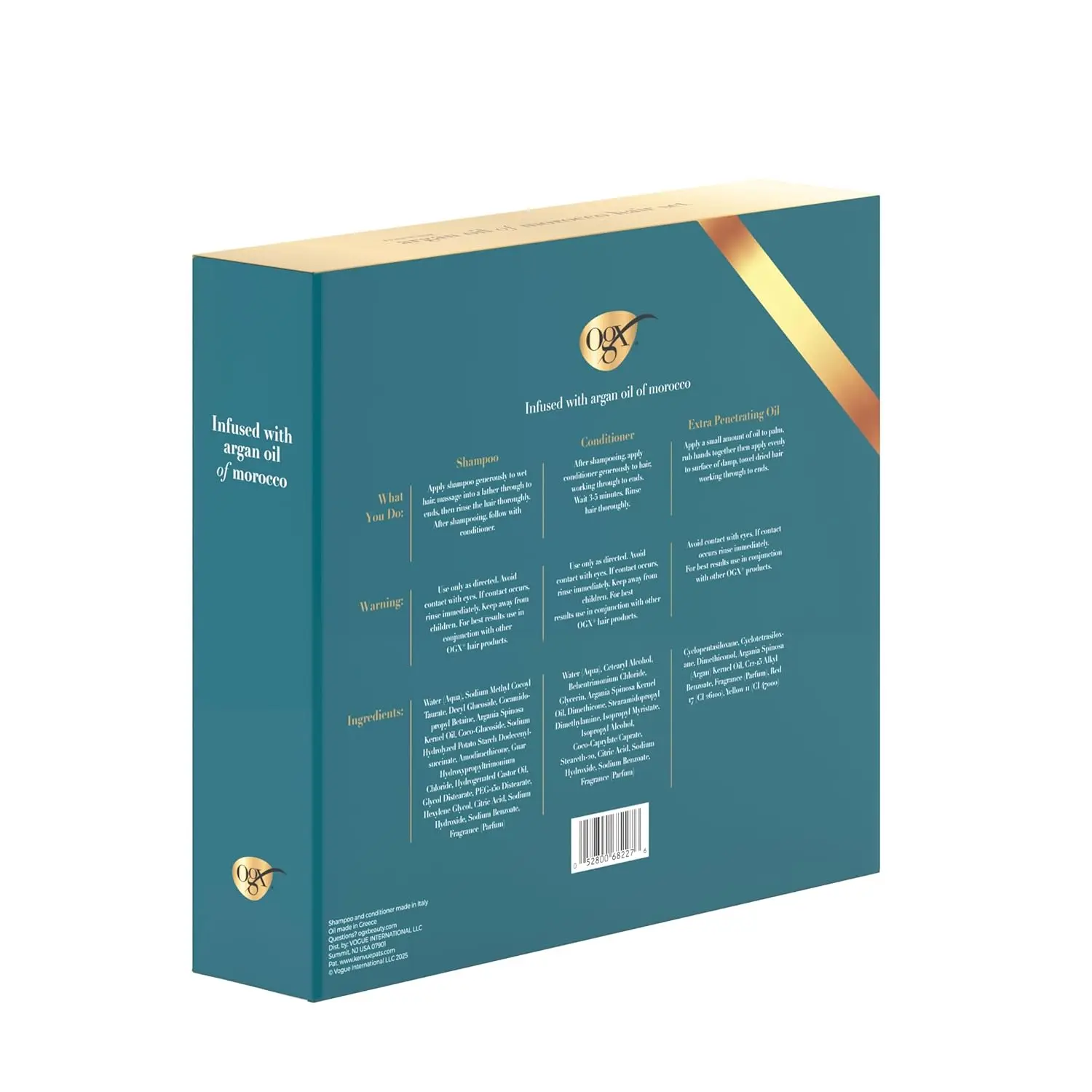 OGX Argan Oil of Morocco hair care set with travel size shampoo, conditioner, and hair oil treatment to revive damaged and dry hair.