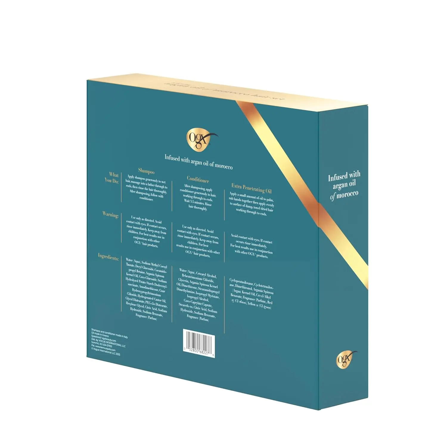 OGX Argan Oil of Morocco hair care set with travel size shampoo, conditioner, and hair oil treatment to revive damaged and dry hair.