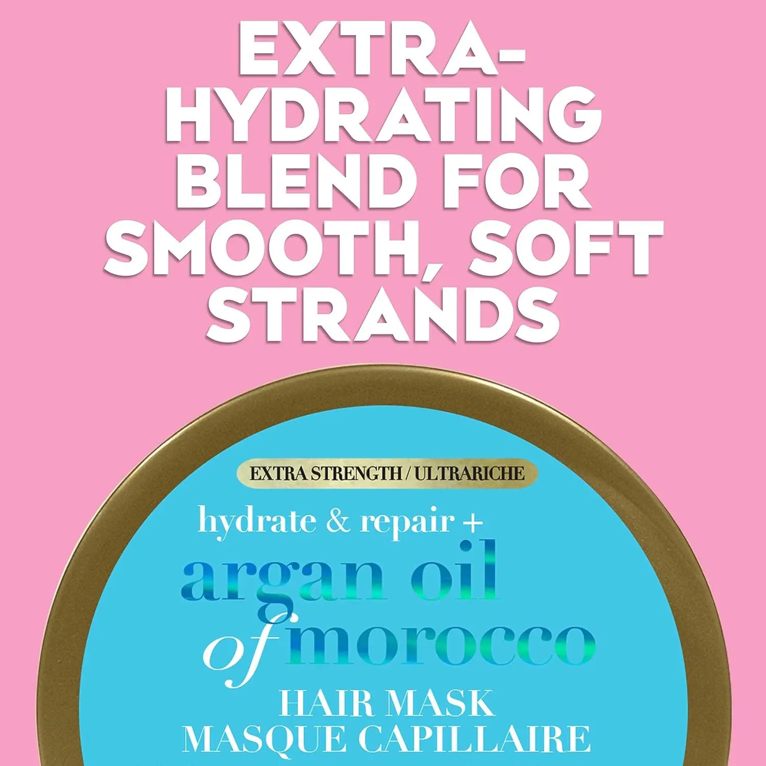 A 6-ounce container of OGX Extra Strength Argan Oil of Morocco hair mask provides deep hydration and repair for damaged and dry hair, leaving it silky smooth and radiant.