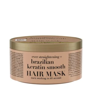 This is a 300ml tub of OGX Brazilian Keratin Smooth hair mask, a moisturizing treatment designed to smooth frizz, detangle, and strengthen hair with keratin protein and cocoa butter.