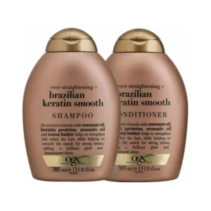 This pack contains two 385ml bottles of OGX Ever Straightening Brazilian Keratin Therapy shampoo and conditioner, designed to gently cleanse, smooth the hair cuticle, and control frizz for softer, straighter-looking, and manageable hair with a healthy shine.