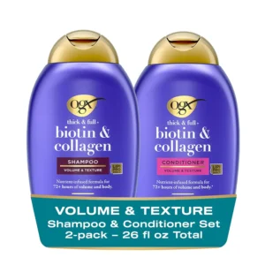 OGX Thick & Full Biotin & Collagen shampoo and conditioner set promotes voluminous, healthy hair with its sulfate-free formula and nourishing ingredients.