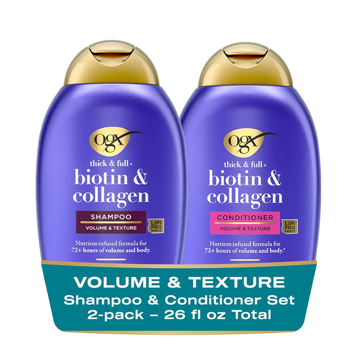 OGX Thick & Full Biotin & Collagen shampoo and conditioner set promotes voluminous, healthy hair with its sulfate-free formula and nourishing ingredients.