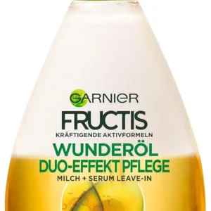 Garnier Fructis Oil Repair hair treatment spray, enriched with avocado, shea, and olive oil, deeply repairs and detangles dry, damaged hair leaving it silky and shiny.