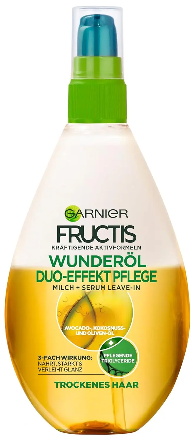 Garnier Fructis Oil Repair hair treatment spray, enriched with avocado, shea, and olive oil, deeply repairs and detangles dry, damaged hair leaving it silky and shiny.