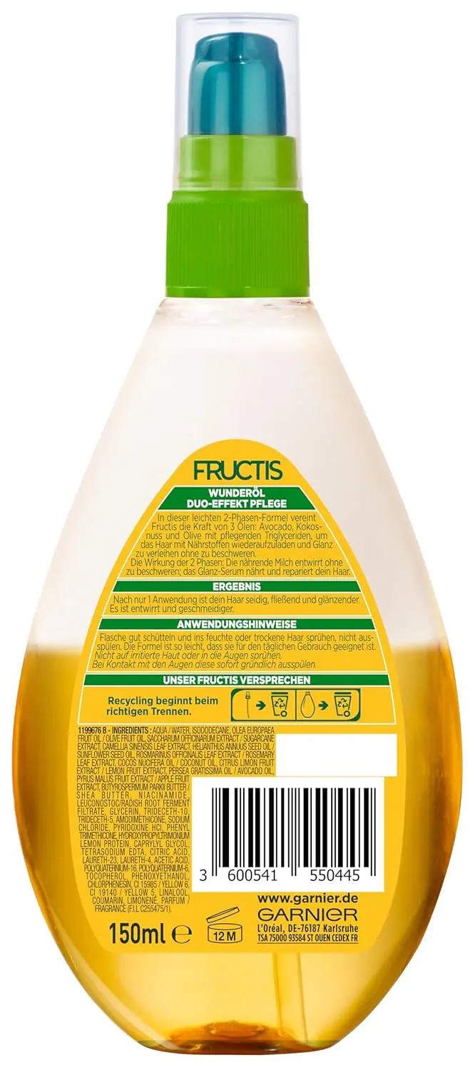 Garnier Fructis Oil Repair hair treatment spray, enriched with avocado, shea, and olive oil, deeply repairs and detangles dry, damaged hair leaving it silky and shiny.