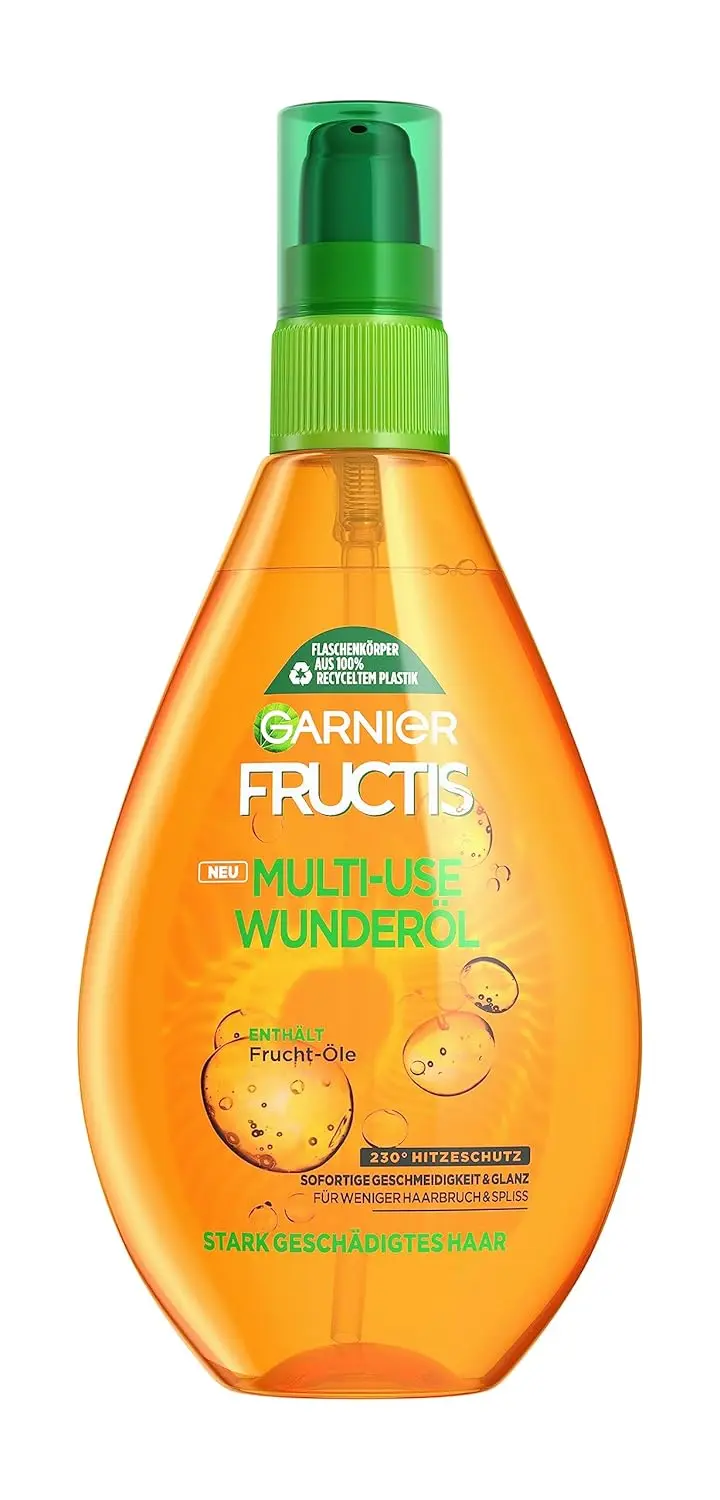 Garnier Fructis Oil Repair hair treatment spray, enriched with avocado, shea, and olive oil, deeply repairs and detangles dry, damaged hair leaving it silky and shiny.