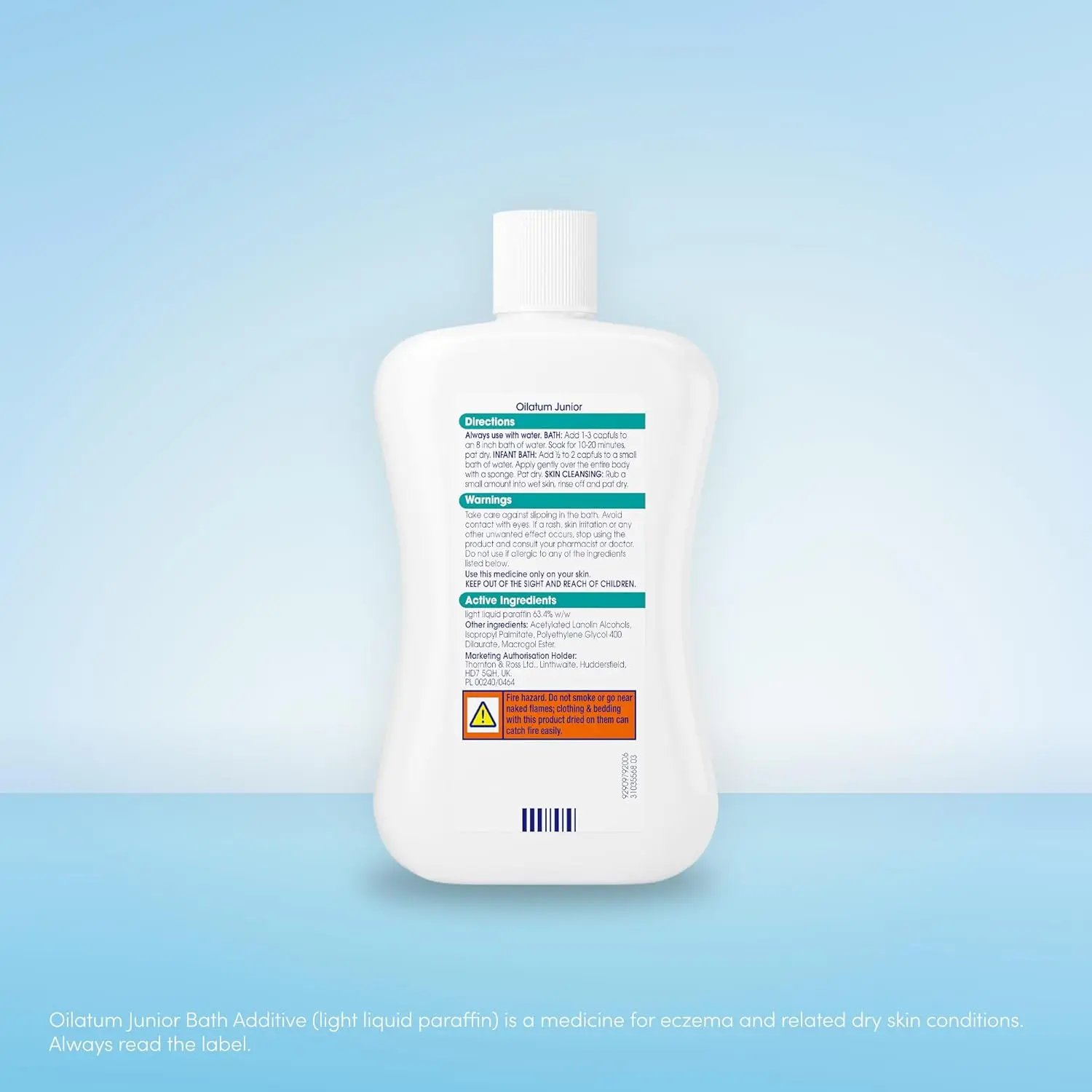 Oilatum bath additive provides relief for eczema and dry skin, forming a protective film to reduce moisture loss, suitable for adults and infants.