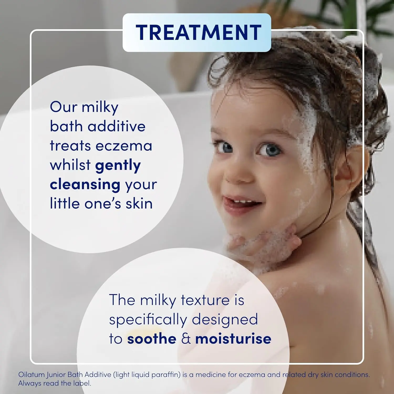 Oilatum bath additive provides relief for eczema and dry skin, forming a protective film to reduce moisture loss, suitable for adults and infants.