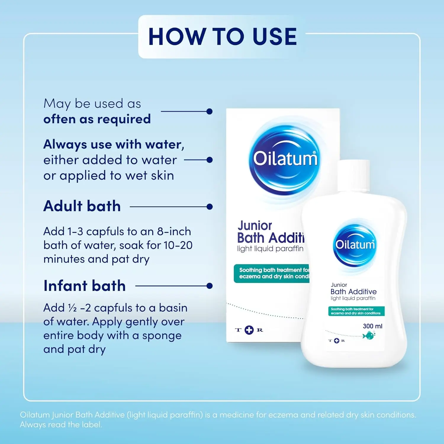 Oilatum bath additive provides relief for eczema and dry skin, forming a protective film to reduce moisture loss, suitable for adults and infants.