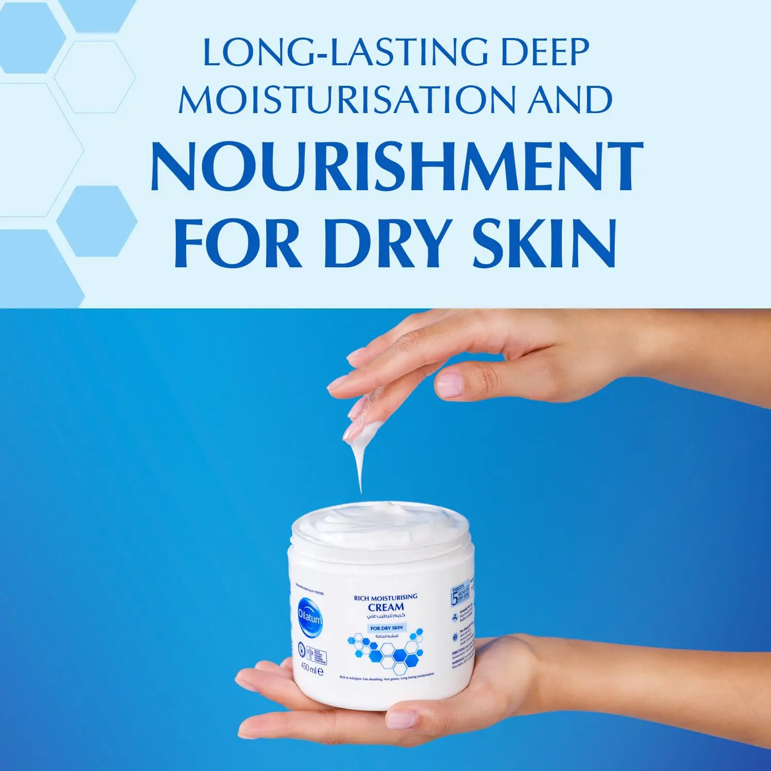 Oilatum rich moisturizing cream deeply nourishes and protects dry, sensitive, and eczema-prone skin with natural shea butter, providing long-lasting hydration and targeting dryness, dehydration, tightness, dullness, and irritation.