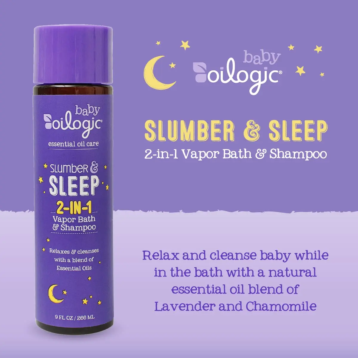Oilogic Slumber & Sleep Vapor Bath with Lavender and Chamomile essential oils to relax and cleanse baby during bath time.