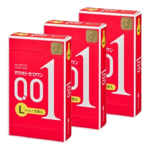 A pack of Okamoto 001 Large condoms, ultra thin 0.01mm and made in Japan, promising sensitivity and safety.