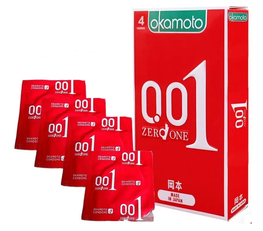 A four-pack of Okamoto 0.01 polyurethane condoms, ultra thin and made in Japan, promises sensitivity and protection.