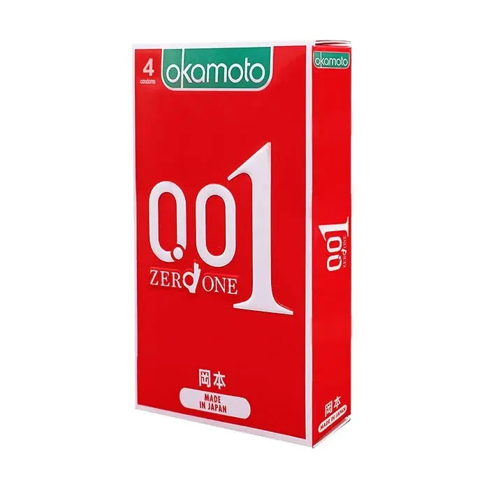 A four-pack of Okamoto 0.01 polyurethane condoms, ultra thin and made in Japan, promises sensitivity and protection.
