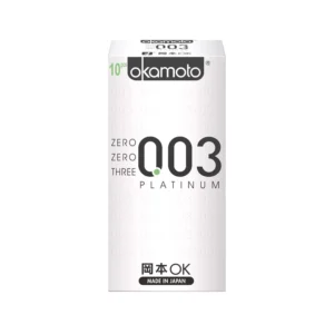 A pack of Okamoto 0.03 Platinum condoms, ultra-thin latex condoms made in Japan for enhanced sensitivity.