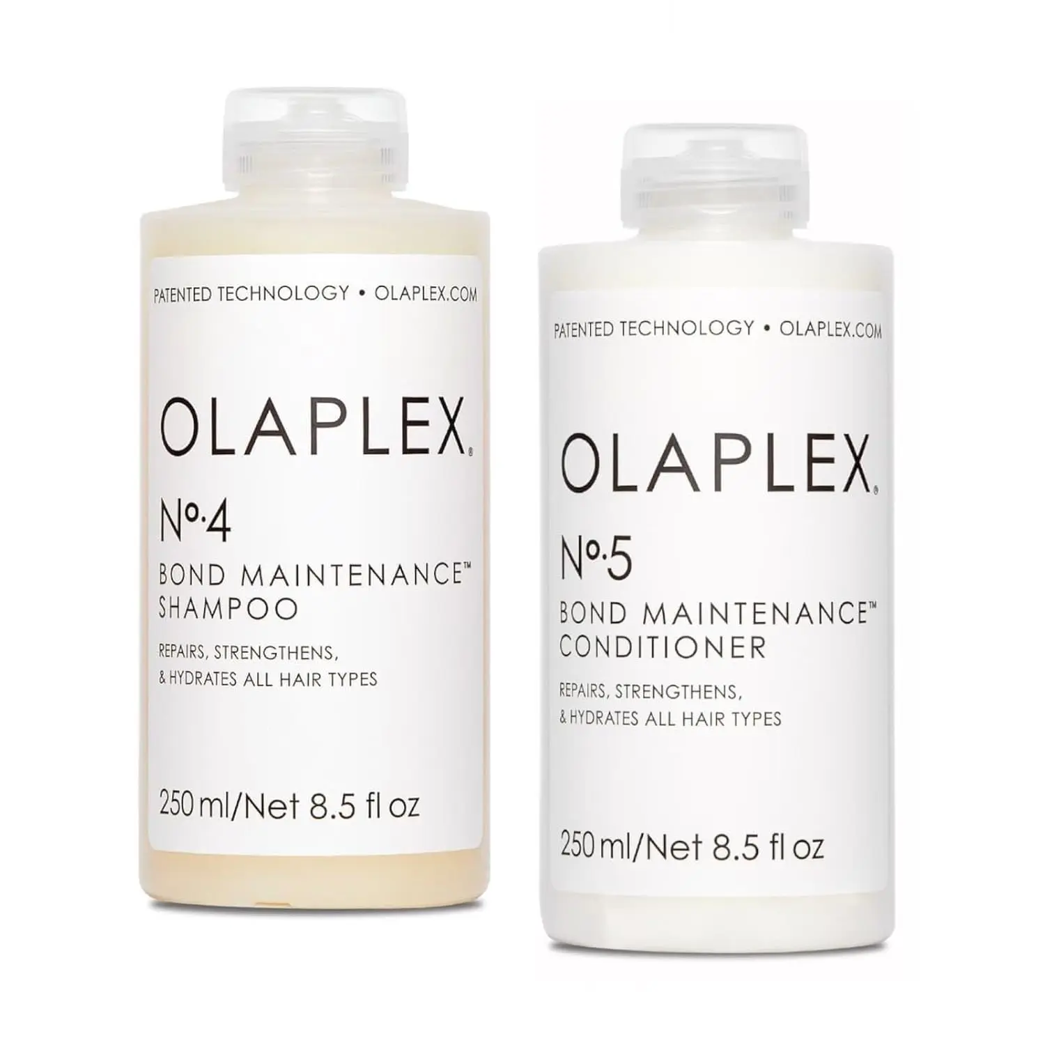 Olaplex No.4 and No.5 Bond Maintenance shampoo and conditioner set to repair, strengthen, and hydrate all hair types.