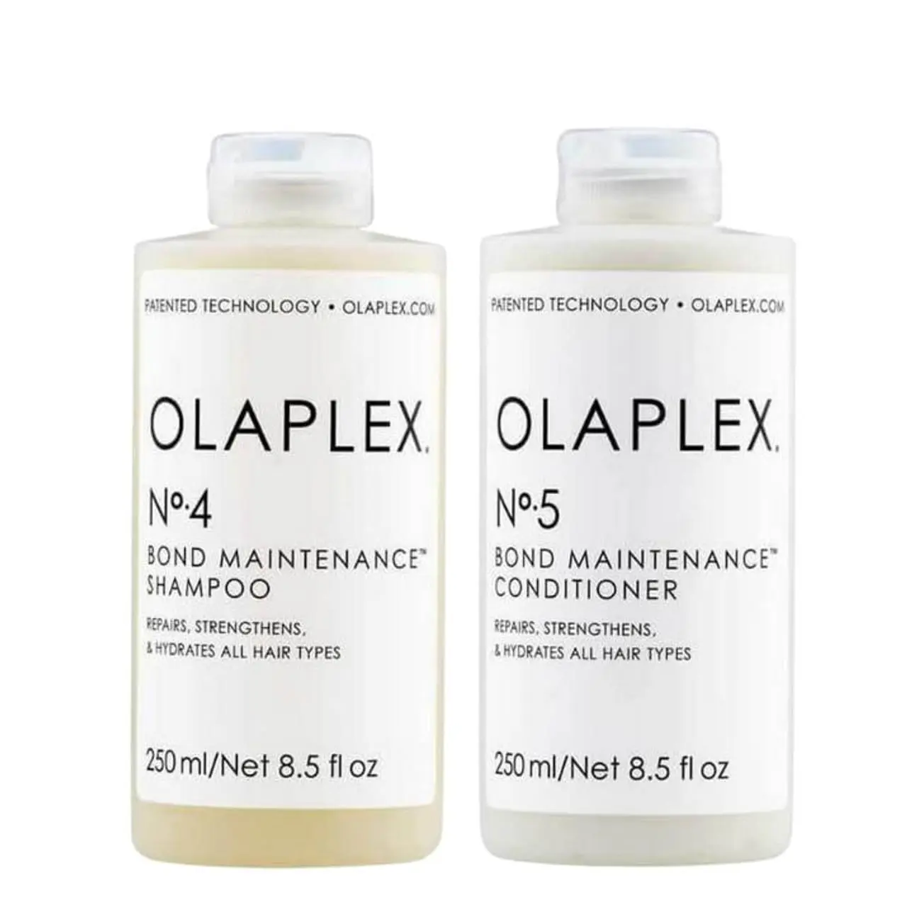 Olaplex No.4 and No.5 Bond Maintenance shampoo and conditioner set to repair, strengthen, and hydrate all hair types.