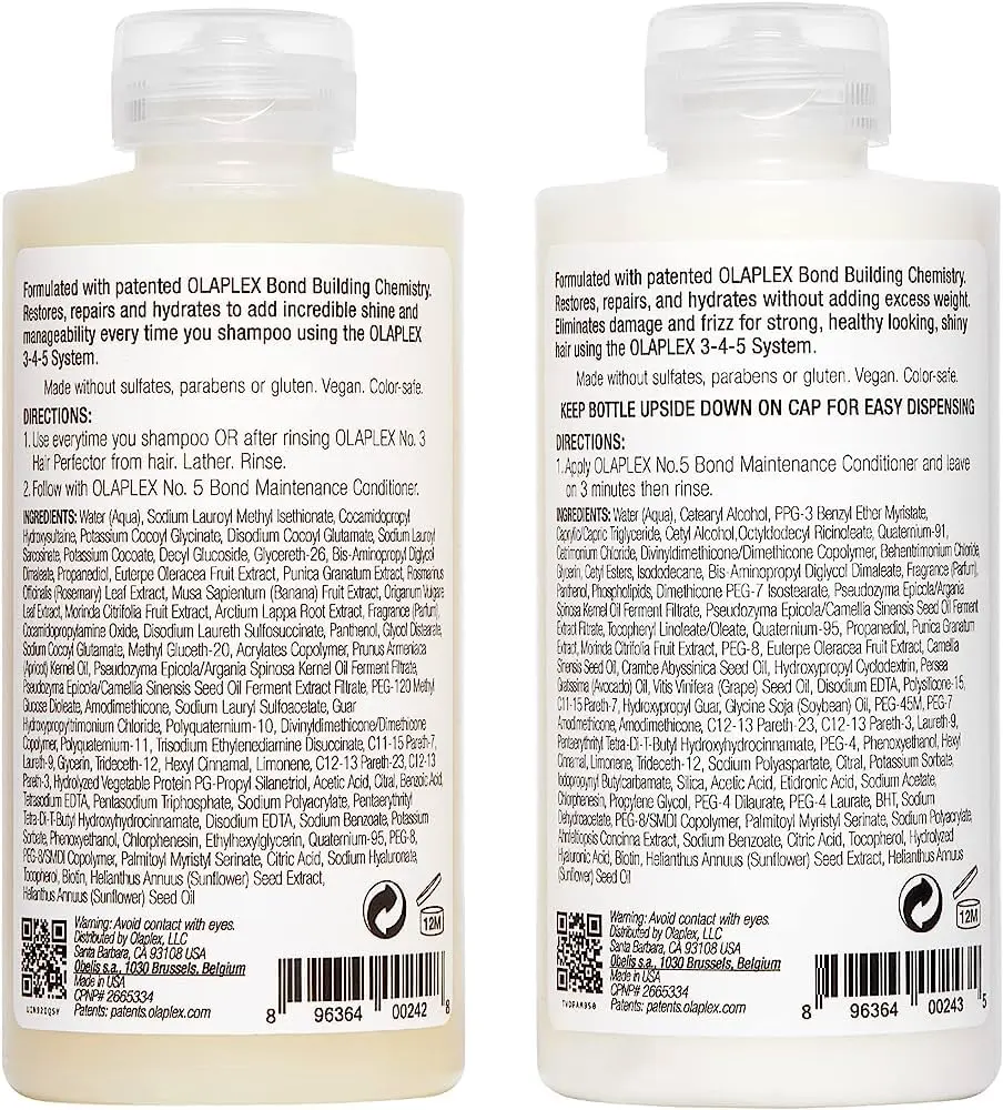 Olaplex No.4 and No.5 Bond Maintenance shampoo and conditioner set to repair, strengthen, and hydrate all hair types.