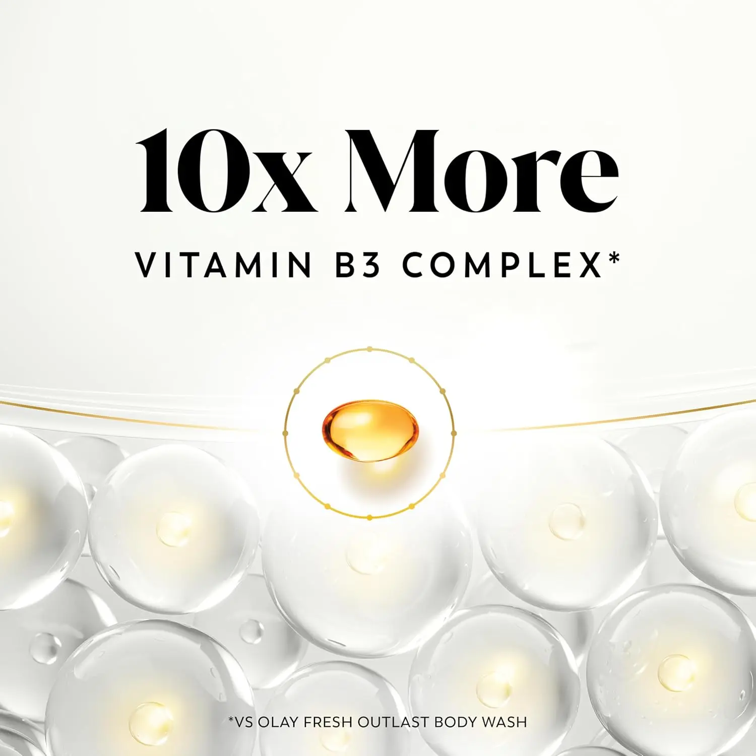 Four bottles of Olay Body Wash with Hyaluronic Acid and Vitamin B3 complex to cleanse and nourish skin for long-lasting hydration.