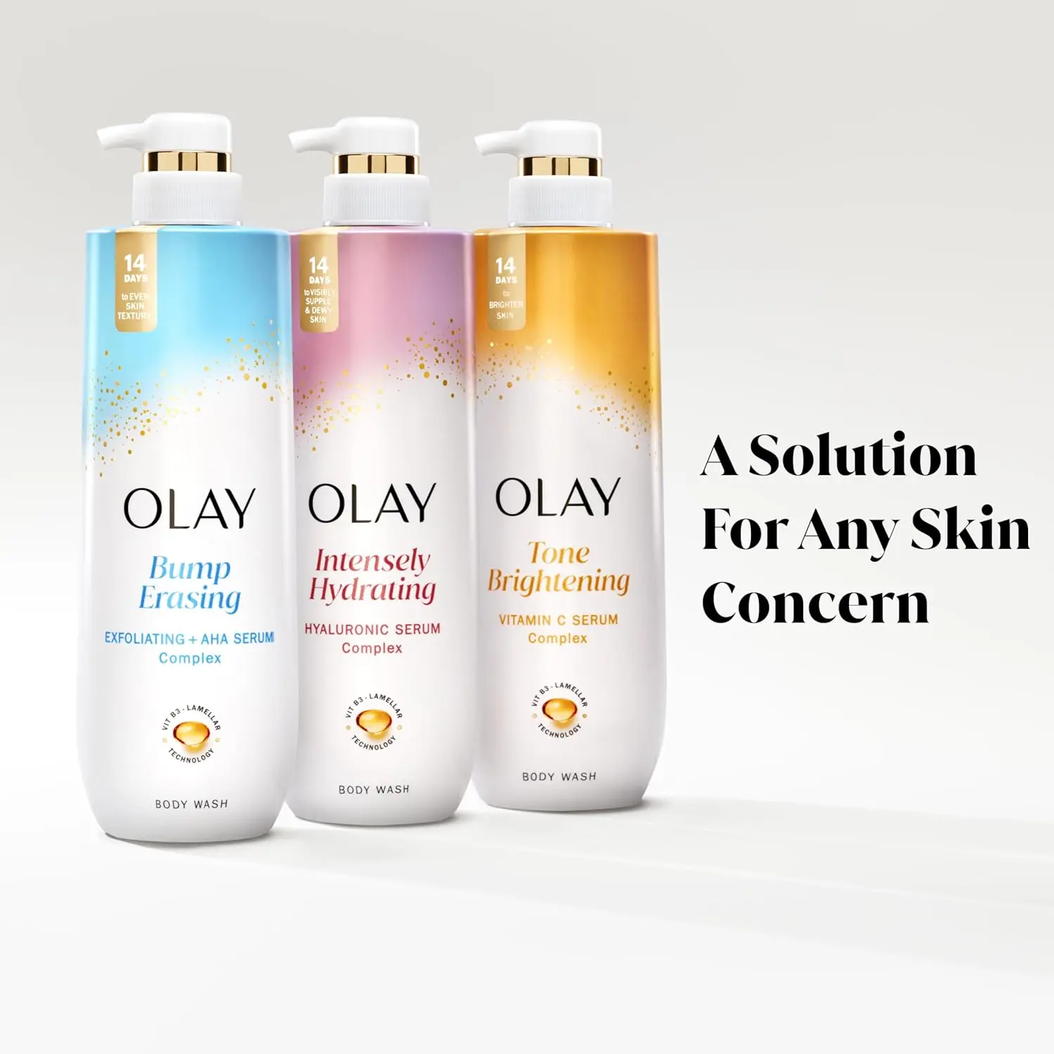 Four bottles of Olay Body Wash with Hyaluronic Acid and Vitamin B3 complex to cleanse and nourish skin for long-lasting hydration.