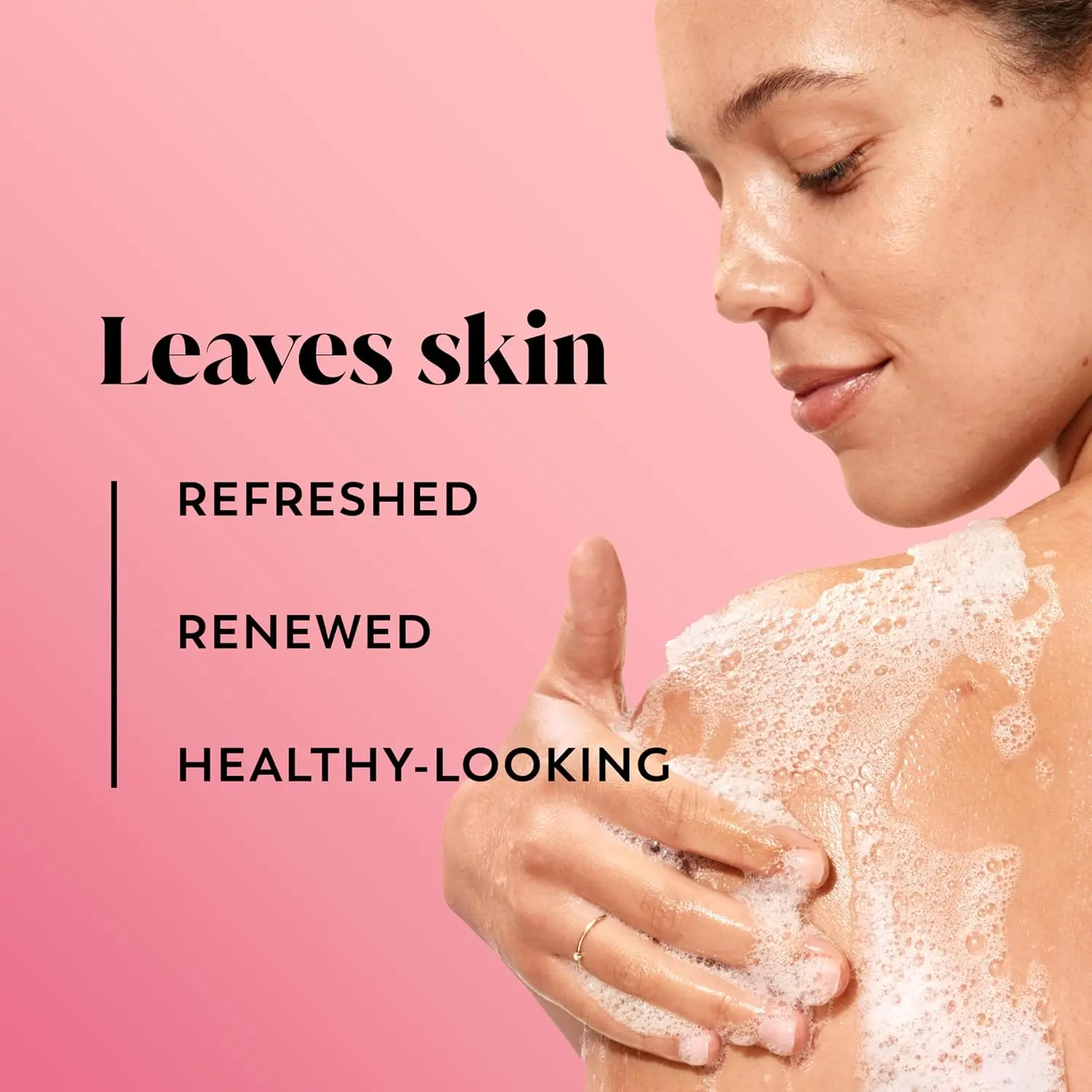 Olay Fresh Radiance body wash with black cherry and vanilla scent, formulated with plant-based cleansers and vitamin B3 for healthy, radiant skin in 14 days.