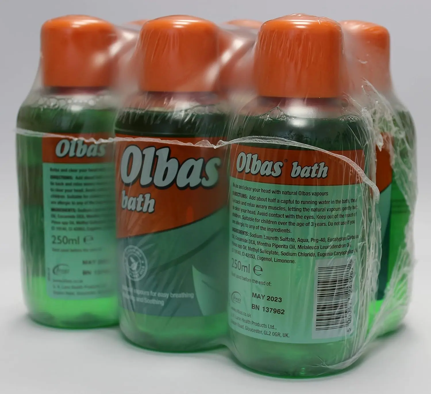 Six bottles of Olbas Bath 250ml to help relieve congestion and stuffiness with soothing vapours.