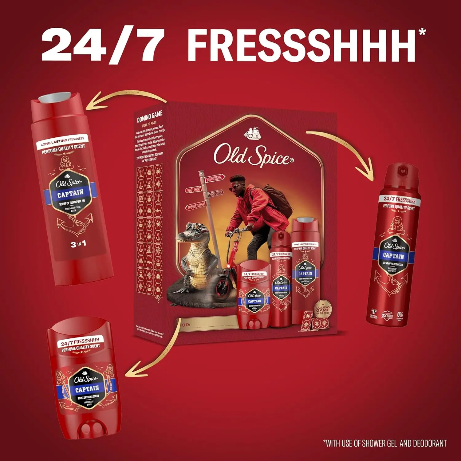 Old Spice Gentleman gift set for men includes Captain deodorant spray, deodorant stick and shower gel with a bonus domino game for a second life.