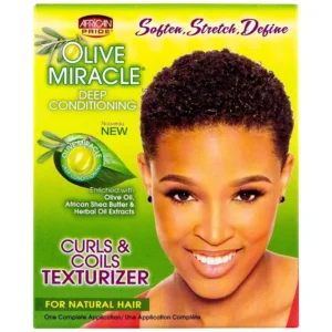 African Pride Olive Miracle Curls and Coils Texturizer manufactured in the United States and easy to use.