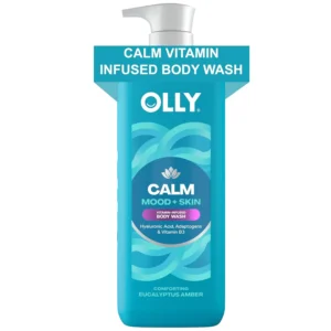 OLLY Calm Body Wash with hyaluronic acid, adaptogens, and vitamin B3 nourishes and hydrates while repairing the skin barrier and providing a soothing eucalyptus amber scent.