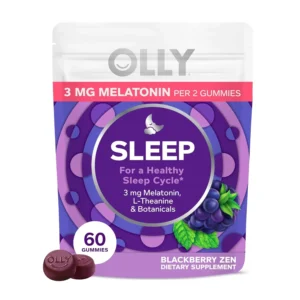 A bottle of OLLY Sleep gummy supplements containing melatonin, L-Theanine, chamomile, and lemon balm for a restful night's sleep.