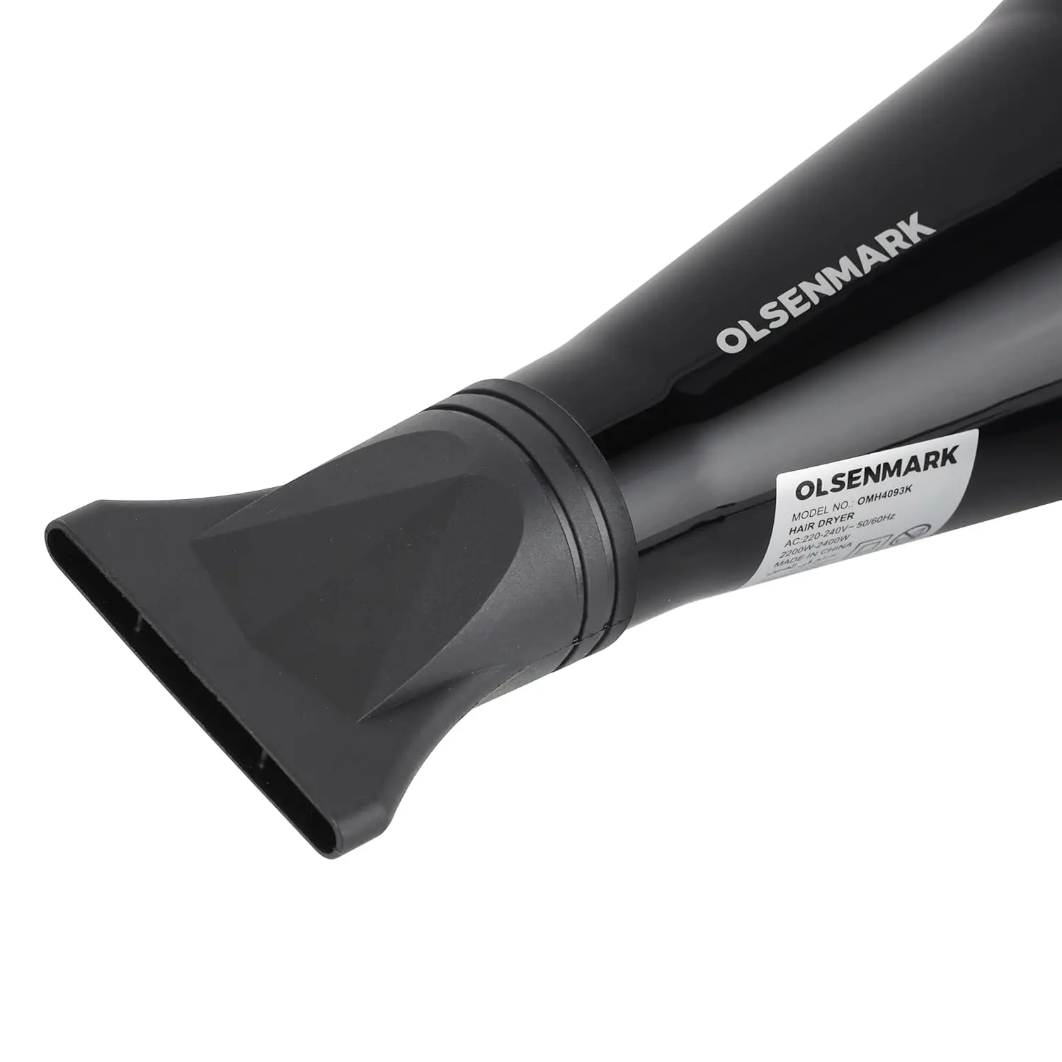 Black Olsenmark 2200W hair dryer with two speed and heat settings for fast, quiet, salon-style blowouts at home or on the go.